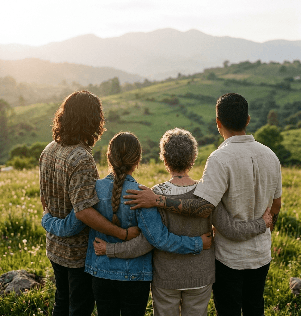 Una familia reunida frente a las montañas