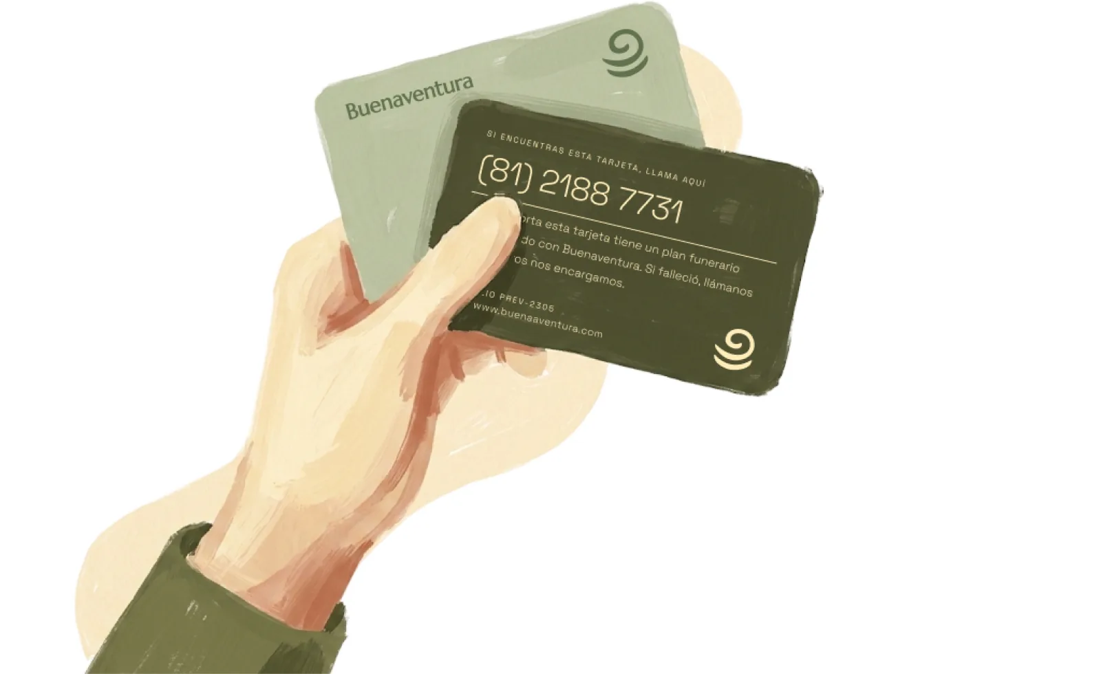 Una mano sostiene dos tarjetas Buenaventura. La tarjeta del frente lleva el teléfono (81) 2188-7731 y la leyenda: si encuentras esta tarjeta, llama aquí.