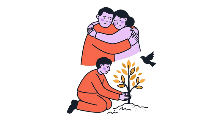 Ilustración de manos sosteniendo una planta que crece