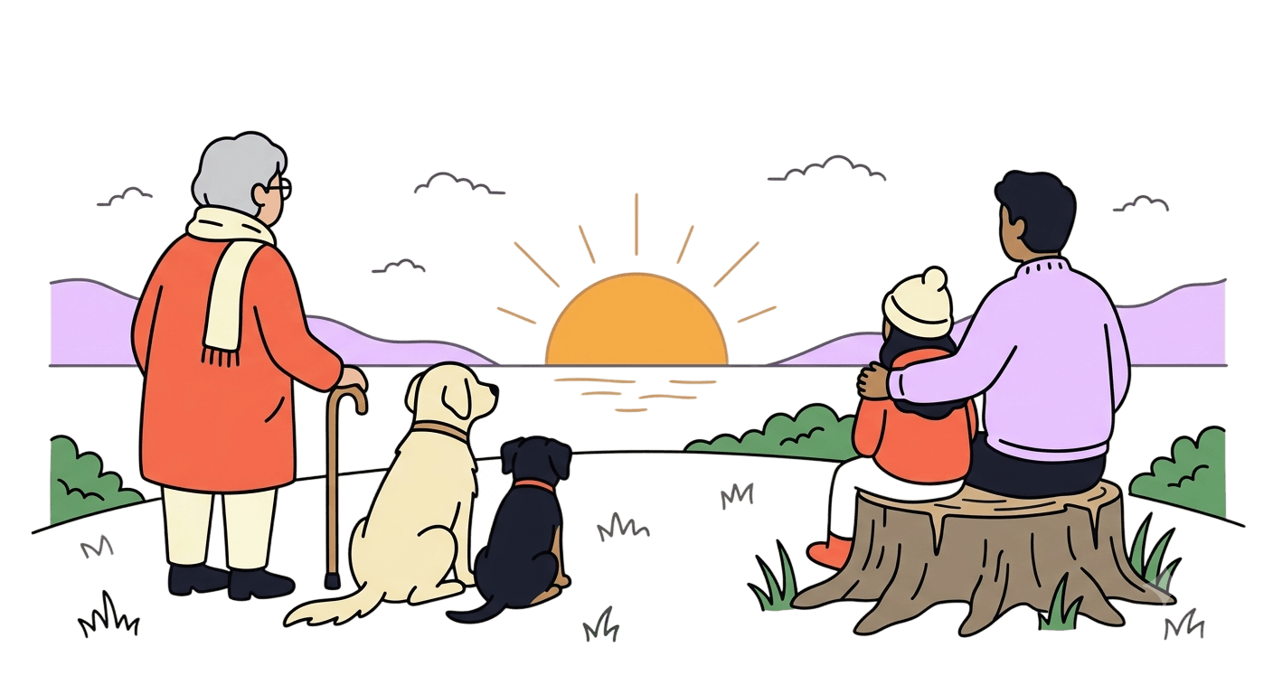 Ilustración de una familia celebrando la vida al aire libre