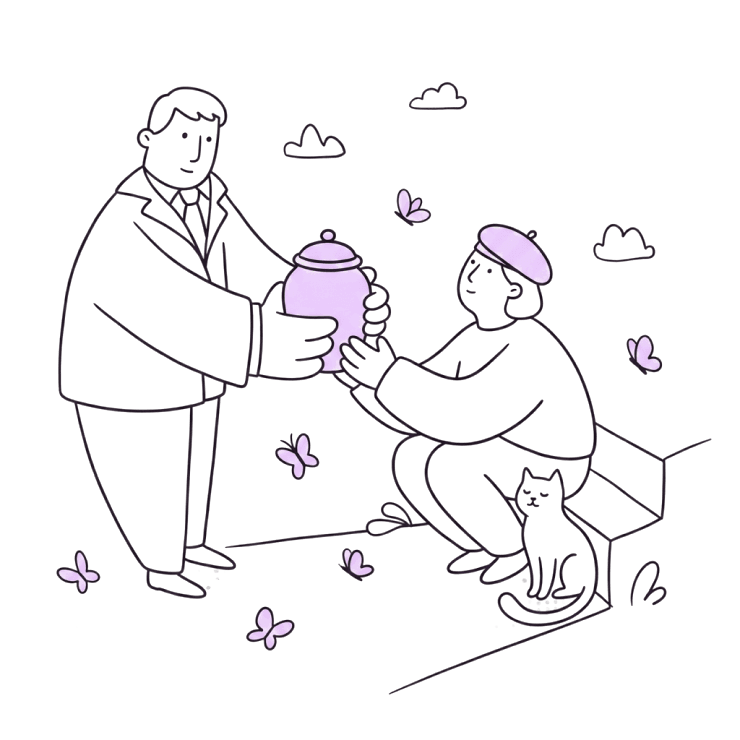 Ilustración de un asesor entregando una urna a una familia